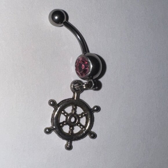 Pink Gem Nautical Wheel Design Dangle Belly Ring - Picture 5 of 12